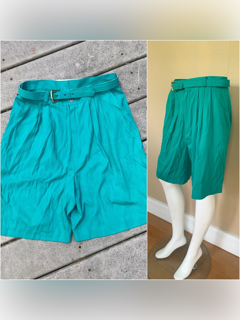 Vintage High Waisted Shorts w Belt | 80’s Teal Bermuda Mom Shorts